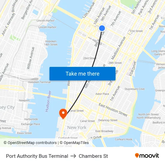 Port Authority Bus Terminal to Chambers St map
