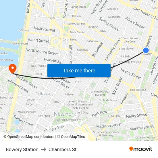 Bowery Station to Chambers St map