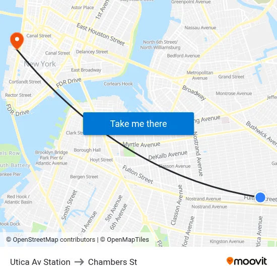 Utica Av Station to Chambers St map