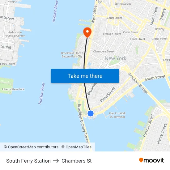 South Ferry Station to Chambers St map