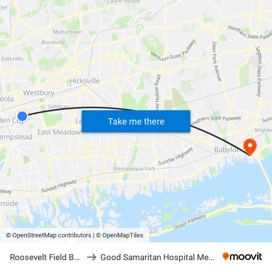 Roosevelt Field Bus Term to Good Samaritan Hospital Medical Center map