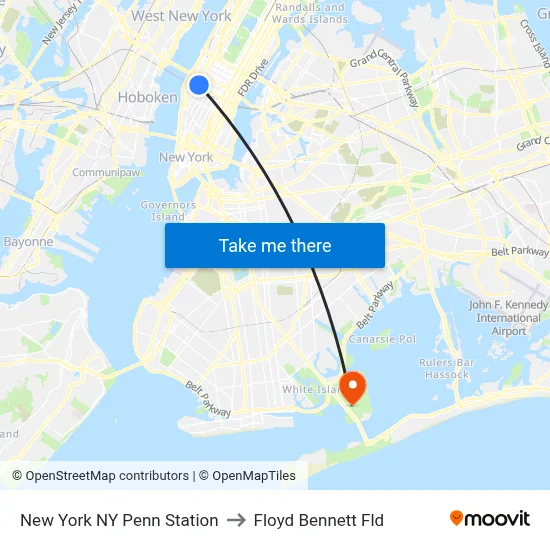 New York NY Penn Station to Floyd Bennett Fld map