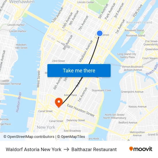 Waldorf Astoria New York to Balthazar Restaurant map