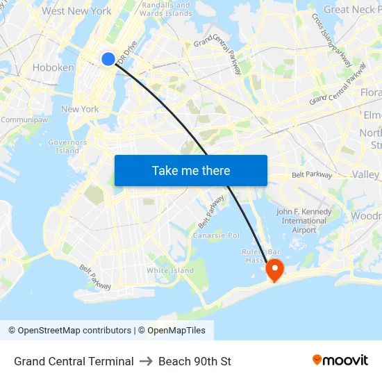 Grand Central Terminal to Beach 90th St map