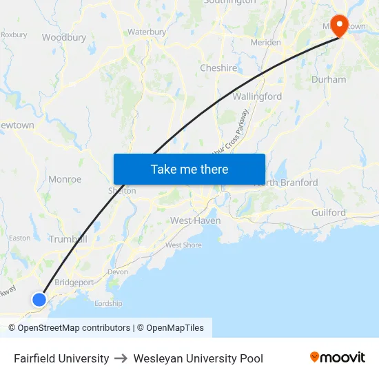 Fairfield University to Wesleyan University Pool map