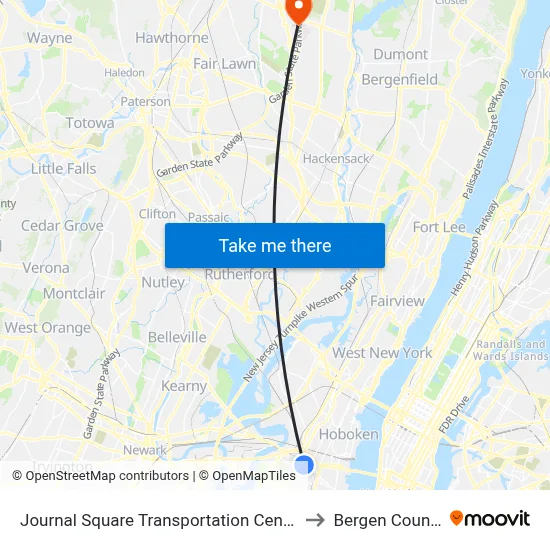 Journal Square Transportation Center to Bergen County map