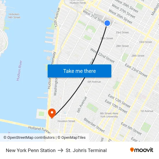 New York Penn Station to St. John's Terminal map