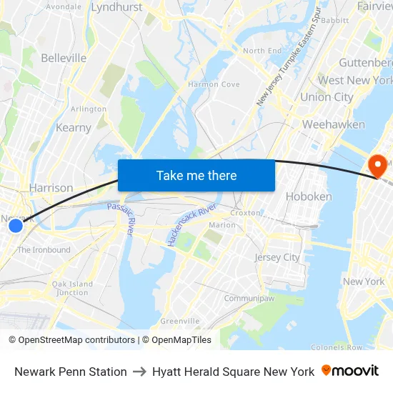 Newark Penn Station to Hyatt Herald Square New York map