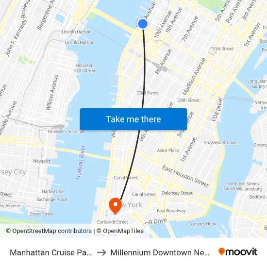Manhattan Cruise Parking to Millennium Downtown New York map