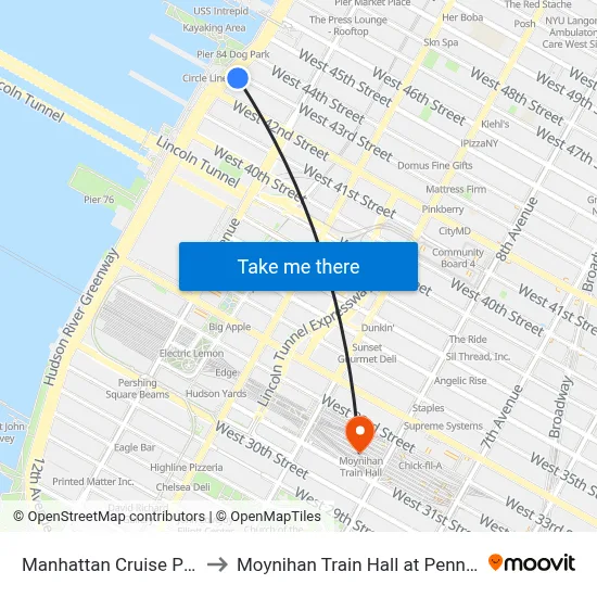Manhattan Cruise Parking to Moynihan Train Hall at Penn Station map