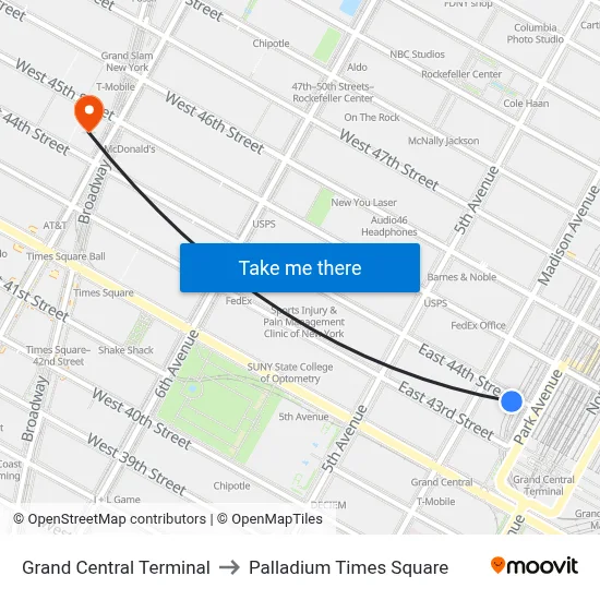 Grand Central Terminal to Palladium Times Square map