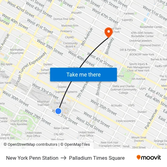New York Penn Station to Palladium Times Square map