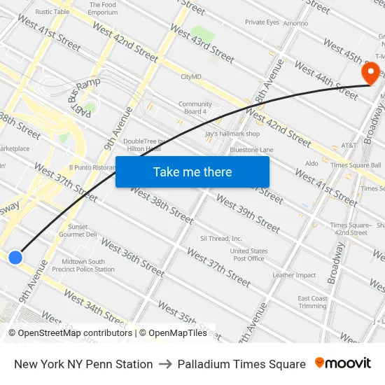 New York NY Penn Station to Palladium Times Square map