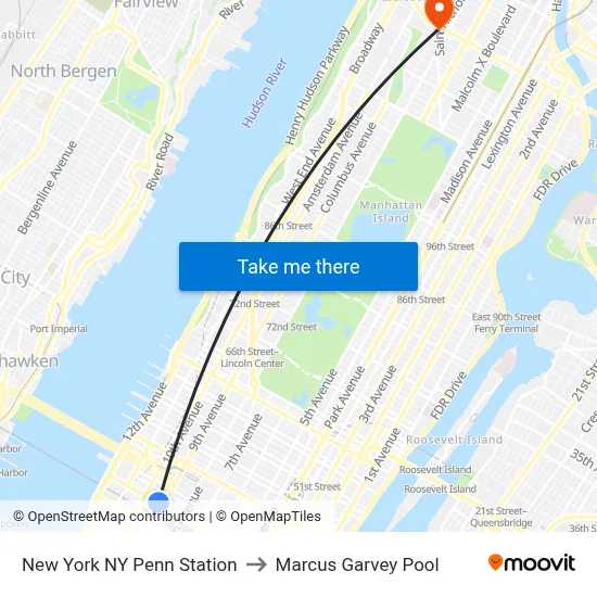 New York NY Penn Station to Marcus Garvey Pool map