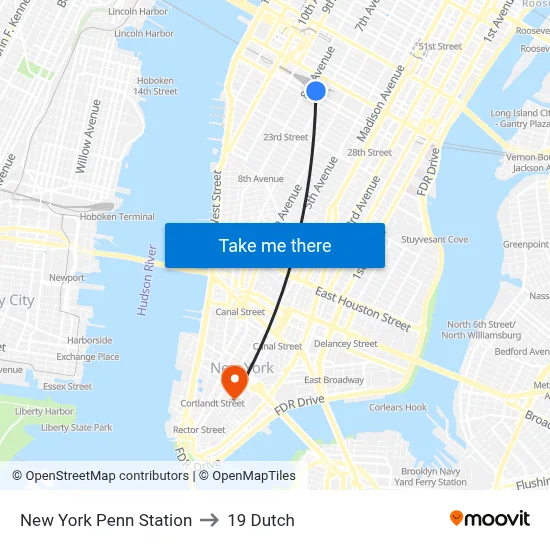 New York Penn Station to 19 Dutch map