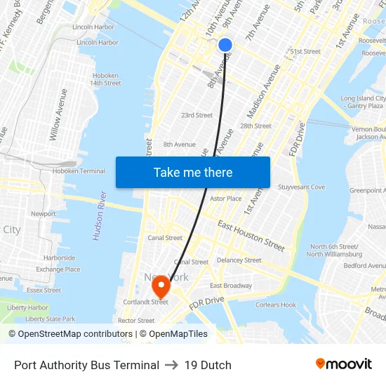 Port Authority Bus Terminal to 19 Dutch map
