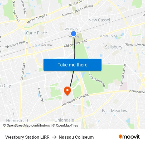 Westbury Station LIRR to Nassau Coliseum map