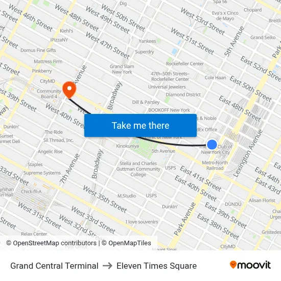 Grand Central Terminal to Eleven Times Square map