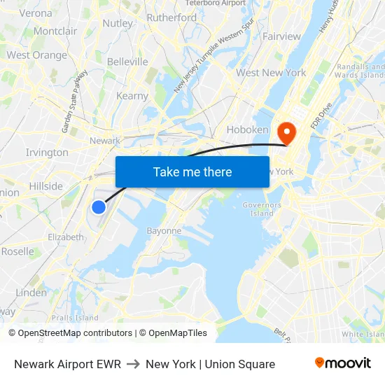 Newark Airport EWR to New York | Union Square map
