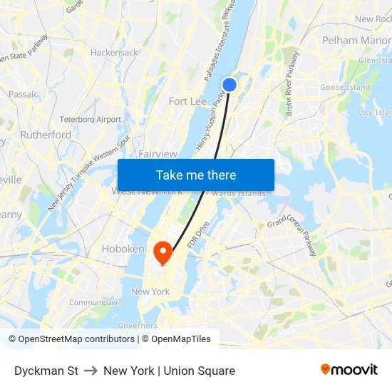 Dyckman St to New York | Union Square map