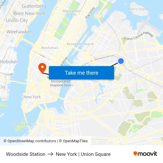 Woodside Station to New York | Union Square map