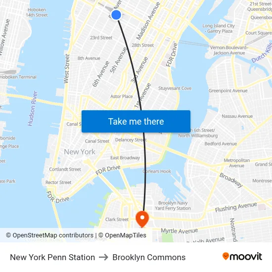 New York Penn Station to Brooklyn Commons map
