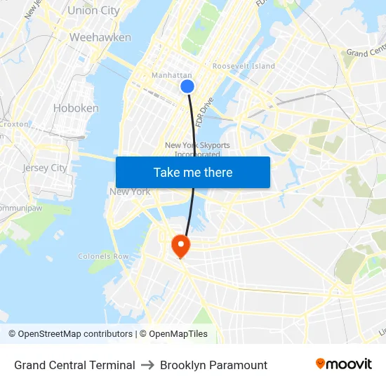 Grand Central Terminal to Brooklyn Paramount map