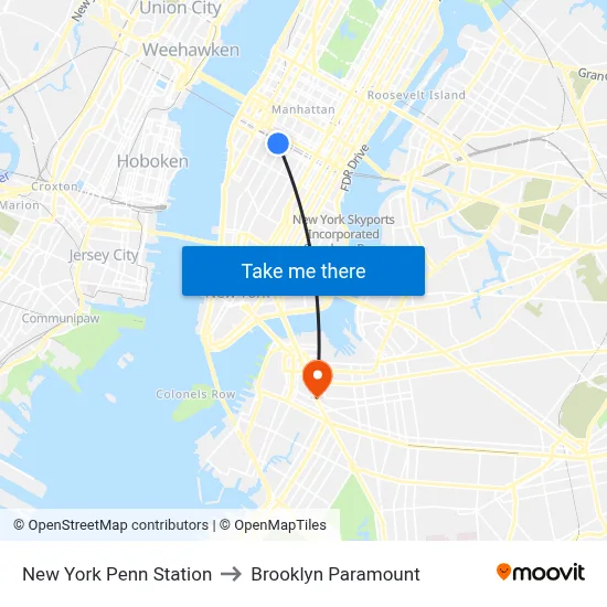 New York Penn Station to Brooklyn Paramount map
