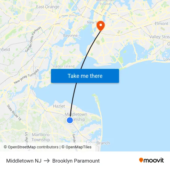 Middletown NJ to Brooklyn Paramount map