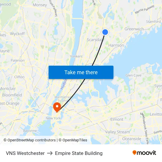 VNS Westchester, 360 Mamaroneck Ave to Empire State Building map