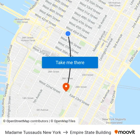 Madame Tussauds New York to Empire State Building map