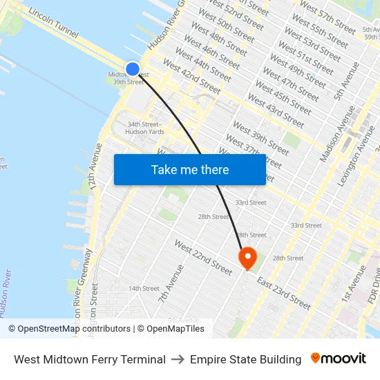 West Midtown Ferry Terminal to Empire State Building map