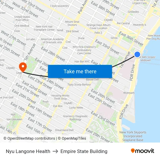 Nyu Langone Health to Empire State Building map
