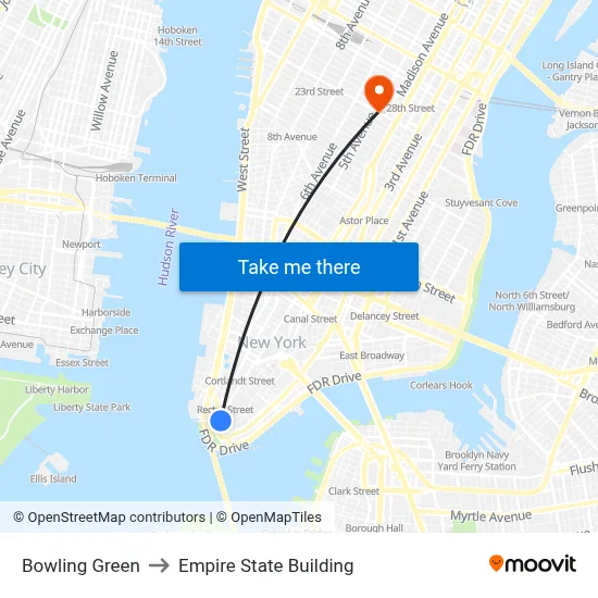 Bowling Green to Empire State Building map