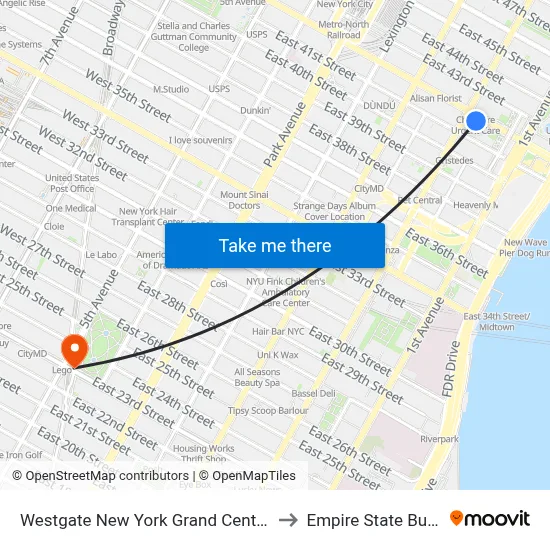 Westgate New York Grand Central Hotel to Empire State Building map