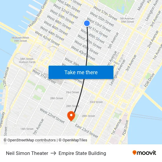 Neil Simon Theater to Empire State Building map