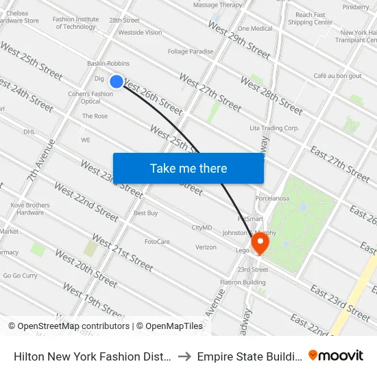Hilton New York Fashion District to Empire State Building map