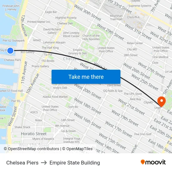 Chelsea Piers to Empire State Building map