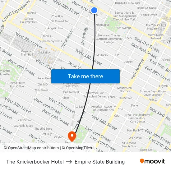 The Knickerbocker Hotel to Empire State Building map