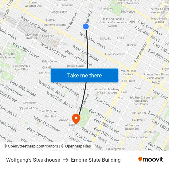 Wolfgang's Steakhouse to Empire State Building map