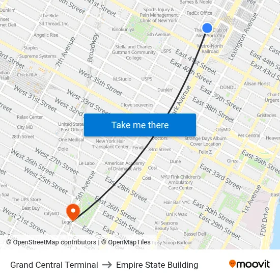 Grand Central Terminal to Empire State Building map