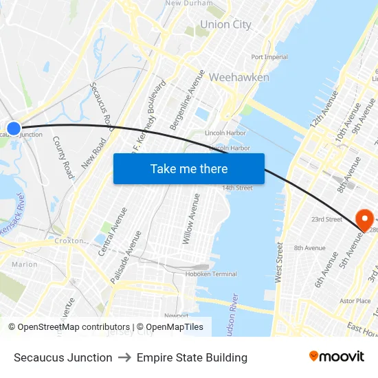 Secaucus Junction to Empire State Building map