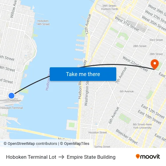 Hoboken Terminal Lot to Empire State Building map