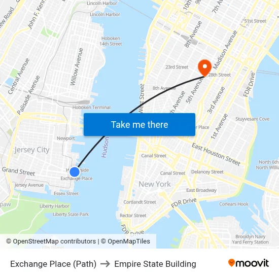 Exchange Place (Path) to Empire State Building map