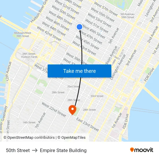 50th Street to Empire State Building map