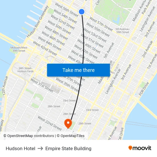 Hudson Hotel to Empire State Building map