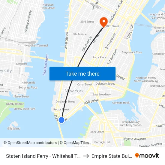Staten Island Ferry - Whitehall Terminal to Empire State Building map