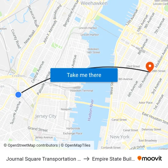 Journal Square Transportation Center to Empire State Building map