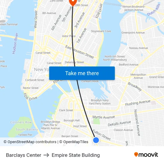 Barclays Center to Empire State Building map