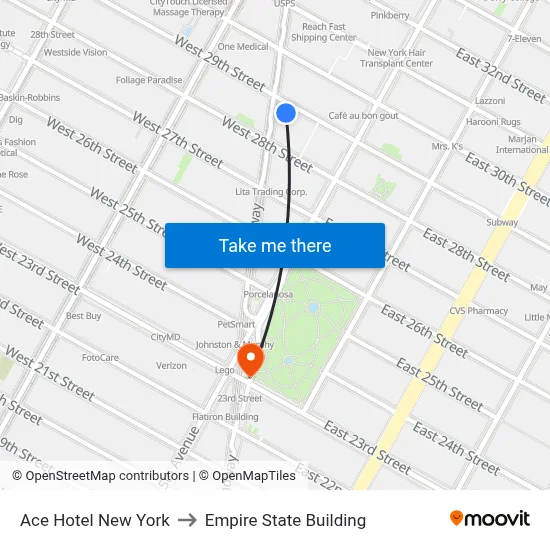 Ace Hotel New York to Empire State Building map